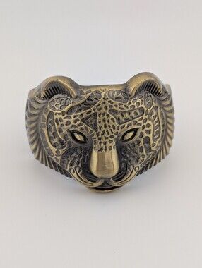 Vintage Leopard Head Bronze Clamper Bracelet Big Cat Statement Cuff Jewelry